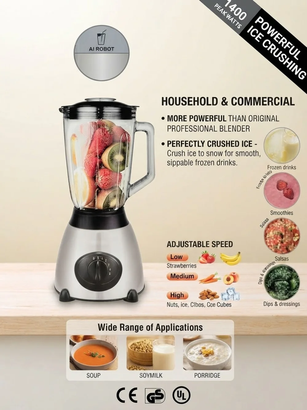 AI Robot 1400W Peak Professional Commercial Blender Ice Crusher 72 oz Pitcher
